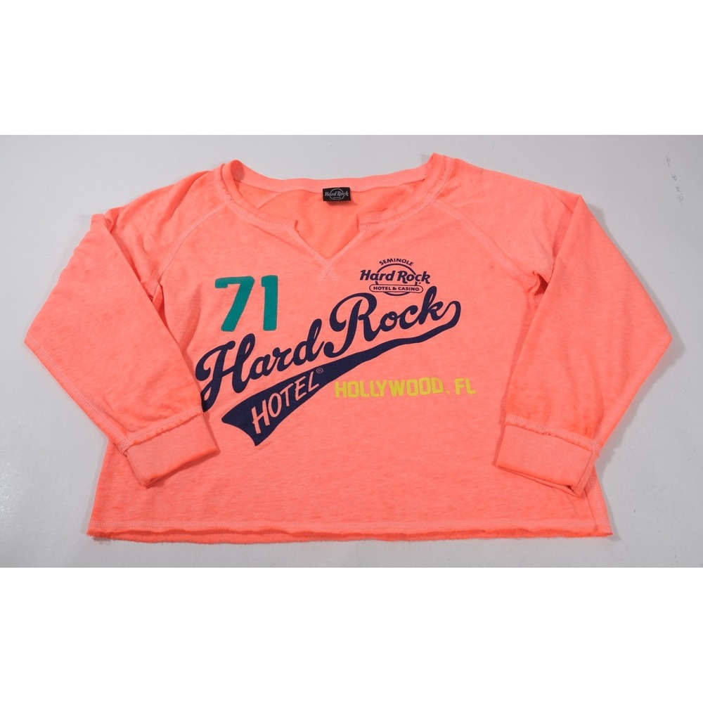 Hard Rock Sweatshirt Womens XL Neon Coral Hollywood FL Graphic Raglan Pullover